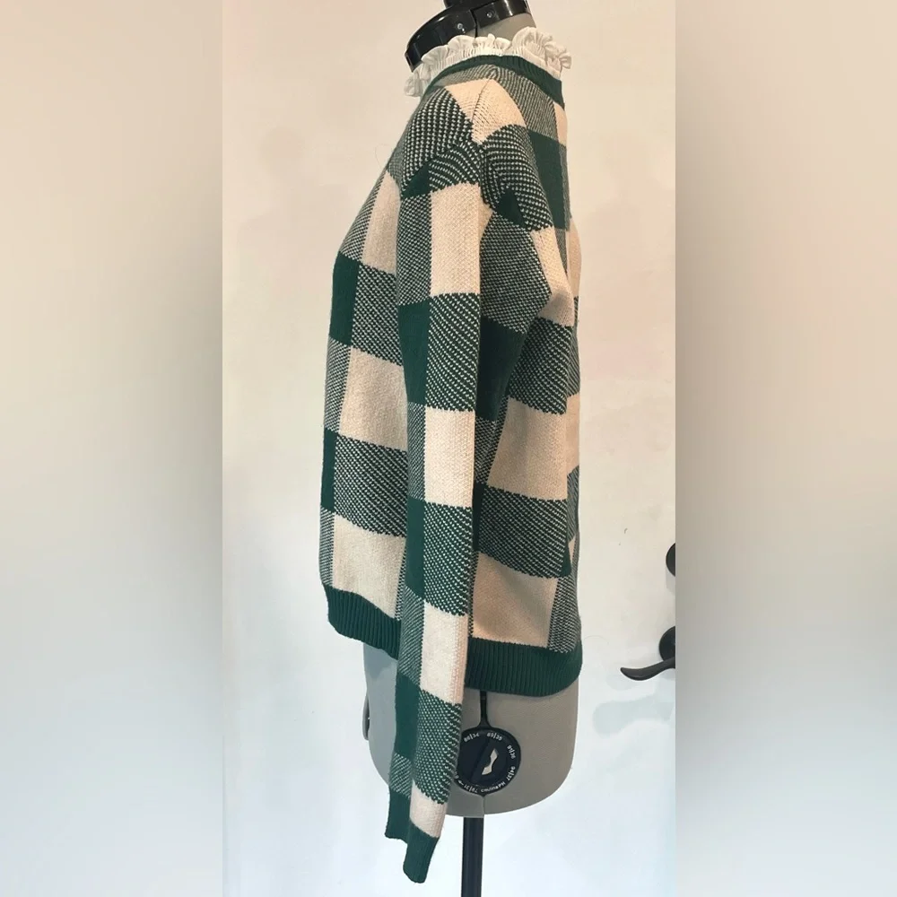 Anthropologie Buffalo Plaid Sweater, built in ruffle collar, S, like new - Picture 6 of 9